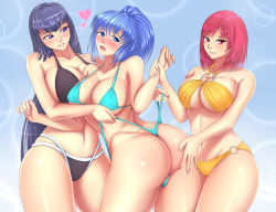 3girls ass ass_grab bare_shoulders bikini black_hair blue_eyes blue_hair blush breasts deep_skin embarrassed from_behind genderswap genderswap_(mtf) highres kampfer large_breasts long_hair looking_at_viewer looking_back mishima_akane multiple_girls open_mouth purple_eyes sangou_shizuku senou_natsuru shiny_skin short_hair smile spanked spanking swimsuit thick_thighs thighs thong_bikini very_long_hair wedgie zarukiya