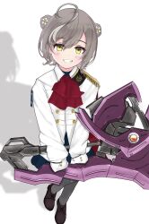 1girl ahoge animal_print assault_lily blue_skirt blush borrowed_hairstyle bow bowtie brown_shoes commentary_request double_bun ekakisyun epaulettes flower full_body grey_hair grey_pantyhose grin hair_between_eyes hair_bun hair_flower hair_ornament heel_up herensuge_girls_academy_school_uniform highres holding holding_weapon jacket long_sleeves looking_at_viewer miniskirt multicolored_hair natsume_aimi pantyhose parted_lips photo-referenced print_pantyhose rabbit_print red_bow red_bowtie sasaki_ran school_uniform shadow shoes short_hair simple_background single_epaulette skirt sleeves_past_fingers sleeves_past_wrists smile solo standing streaked_hair two-handed v_arms voice_actor_connection weapon white_background white_flower white_jacket yellow_eyes