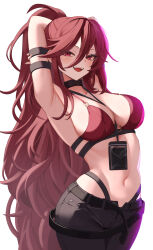 1girl arm_behind_head armband armpits arms_up azur_lane bare_shoulders belt between_breasts bikini bikini_top_only black_armband black_belt black_choker black_pants blush breasts choker cleavage commentary hair_between_eyes highres holding_own_arm id_card large_breasts long_hair long_hair_between_eyes looking_at_viewer maryland_(azur_lane) maryland_(red-hot_drummer)_(azur_lane) maryland_(retrofit)_(azur_lane) nail_polish navel official_alternate_costume open_fly open_mouth pants pink_nails ponytail presenting_armpit red_bikini red_eyes red_hair rizzy simple_background smile solo standing stomach swimsuit teeth upper_teeth_only very_long_hair white_background