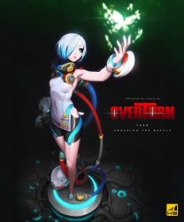 1girl aqua_eyes barefoot bike_shorts blue_hair breasts bug butterfly cable character_request commentary_request copyright_name covered_navel cyborg digital_dissolve eyelashes female_focus full_body gun hair_over_one_eye handgun hichi highres insect magi_(overturn) outstretched_arm overturn_(game) pistol short_hair skin_tight small_breasts solo weapon