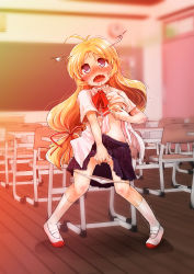 1girl blonde_hair blush bow bow_panties chair chalkboard classroom clothes_lift female_focus female_masturbation fingering flat_chest full_body fuurisuto hair_bow head_tilt highres indoors kashiwagi_hatsune kizuato lifting_own_clothes loli long_hair masturbation nipple_stimulation nipple_tweak nose_blush open_mouth panties panty_pull plaid_clothes plaid_skirt pleated_skirt saliva school_uniform shirt_lift short_sleeves skirt skirt_lift solo standing tears thighhighs underwear white_thighhighs wooden_floor