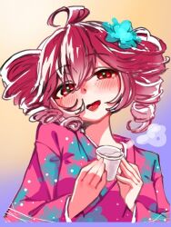 1girl ahoge alcohol alternate_costume blush choko_(cup) cropped_torso cup drill_hair drunk hair_between_eyes holding japanese_clothes kasane_teto kimono looking_at_viewer maxima696_ekaki pink_kimono red_eyes red_hair sake solo tongue tongue_out twin_drills upper_body utau