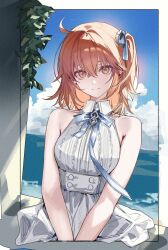1girl ahoge bare_shoulders blue_ribbon border breasts closed_mouth cloud collared_dress day dress fate/grand_order fate_(series) fujimaru_ritsuka_(female) hair_between_eyes highres looking_at_viewer medium_breasts medium_hair neck_ribbon ocean okchun one_side_up orange_eyes orange_hair outdoors ribbon sitting sky sleeveless sleeveless_dress smile solo white_dress