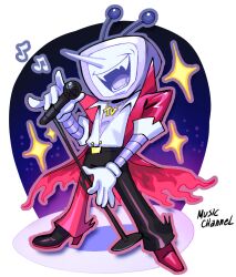 Rule 34 | 1boy, ant tenna, belt buckle, black pants, buckle, coat, commentary, crt, deltarune, drawloverlala, english commentary, fangs, full body, gloves, high heels, holding, holding microphone stand, humanoid robot, male focus, mechanical arms, microphone, microphone stand, musical note, object head, open clothes, open coat, open mouth, outline, pants, pointy nose, red coat, robot, shirt, smile, solo, sparkle, teeth, transparent background, white gloves, white shirt