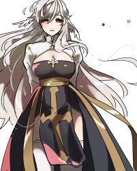 1girl arch_bishop_(ragnarok_online) black_dress blush breasts cleavage cleavage_cutout closed_mouth clothing_cutout commentary_request cowboy_shot cross datenshi_no_fu dress grey_hair hair_between_eyes highres large_breasts long_hair looking_at_viewer pelvic_curtain ragnarok_online red_eyes sash simple_background smile solo thighhighs two-tone_dress white_background white_dress white_thighhighs yellow_sash