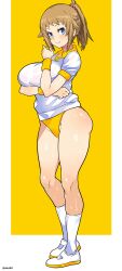 1girl absurdres aiuti blue_eyes breasts brown_hair buruma full_body gundam gundam_build_fighters gundam_build_fighters_try gym_uniform highres hoshino_fumina large_breasts medium_hair ponytail shirt shoes socks solo standing t-shirt two-tone_background uwabaki white_shirt white_socks yellow_background yellow_buruma