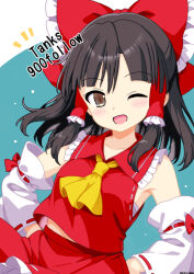 1girl ascot blush bow brown_eyes brown_hair commentary_request detached_sleeves english_text frilled_bow frilled_hair_tubes frills hair_bow hair_tubes hakurei_reimu highres long_hair looking_at_viewer milestone_celebration mist9801km one_eye_closed open_mouth red_bow red_skirt ribbon-trimmed_sleeves ribbon_trim skirt skirt_set smile solo touhou yellow_ascot