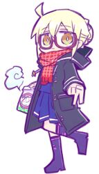 1girl ahoge artoria_pendragon_(fate) black_boots black_jacket blonde_hair blue_shirt blue_skirt boots braid brown-framed_eyewear brown_eyes chibi closed_mouth commentary fate/grand_order fate_(series) frills full_body glasses hair_between_eyes hair_bun holding hood hood_down hooded_jacket jacket kasuga_yuuki long_sleeves looking_at_viewer mysterious_heroine_x_alter_(fate) open_clothes open_jacket pleated_skirt red_scarf scarf semi-rimless_eyewear shirt simple_background skirt sleeves_past_wrists solo standing standing_on_one_leg steam symbol-only_commentary under-rim_eyewear white_background