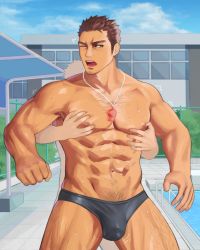Rule 34 | 2boys, abs, armpit hair, bara, behind another, black male swimwear, building, bulge, chain-link fence, chest hair, clenched hand, collarbone, cowboy shot, day, facial hair, fence, goatee, grabbing from behind, grey male swimwear, grey male underwear, groping, kode65851125, lanyard, leg hair, lifeguard, male focus, male swimwear, male underwear, multiple boys, muscular, muscular male, navel hair, nipple stimulation, nipple tweak, nipples, one eye closed, open mouth, original, outdoors, pectoral grab, pectorals, pool, poolside, short hair, solo focus, spiked hair, standing, swim briefs, tile floor, tiles, topless male, trembling, twitching penis, underwear, wet, whistle, whistle around neck, wince, yaoi