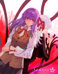 2girls absurdres breasts corruption dark_persona dark_sakura fate/stay_night fate_(series) hair_ribbon heaven&#039;s_feel highres homurabara_academy_school_uniform large_breasts long_hair long_sleeves looking_at_viewer matou_sakura multiple_girls purple_eyes purple_hair red_ribbon ribbon school_uniform shirt skirt star_(user_hnnj2442) white_hair