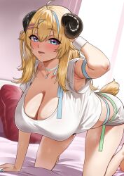 1girl :d all_fours armpits barefoot blonde_hair blue_eyes blue_hair blush breasts choker cleavage commentary commission english_commentary hair_ornament hairclip highres hololive horns huge_breasts jewelry large_breasts long_hair looking_at_viewer multicolored_hair necklace neige_(pixiv6850453) open_mouth sheep_horns sheep_tail shorts smile solo tail tsunomaki_watame two-tone_hair virtual_youtuber wristband
