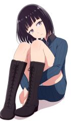 1boy absurdres black_boots black_hair blunt_bangs boots closed_mouth commentary hands_under_legs highres knee_boots knee_up long_sleeves male_focus na-suke panties pantyshot simple_background sitting solo suzushiro_hatsuka thighs trap underwear white_background white_panties yofukashi_no_uta