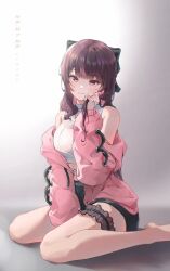 Rule 34 | 1girl, bare legs, bare shoulders, barefoot, between legs, black shorts, bow, breasts, closed mouth, colored inner hair, crop top, frilled thigh strap, hair bow, hand between legs, hand up, highres, holding, holding own hair, jacket, jururu, ki elt, large breasts, long hair, long sleeves, looking at viewer, midriff, multicolored hair, off shoulder, open clothes, open jacket, pink eyes, pink jacket, purple hair, shirt, short shorts, shorts, sitting, sleeveless, sleeveless shirt, smile, solo, thigh strap, thighs, two-tone hair, virtual youtuber, waktaverse, wariza, white shirt