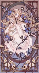1girl absurdres blonde_hair blue_eyes blue_flower blue_rose bonnet commission dress english_text flower frills full_body hat highres horns lao_muyu long_hair long_sleeves original ribbon rose shoes solo twintails very_long_hair wavy_hair white_dress white_flower
