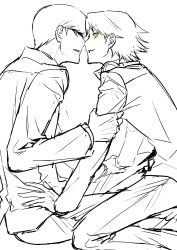 Rule 34 | 2boys, hanamura yousuke, headphones, headphones around neck, highres, imminent kiss, looking at viewer, multiple boys, narukami yu, persona, persona 4, school uniform, shadow (persona), shadow yousuke, sitting, ssesse 1999, yaoi, yasogami school uniform, yellow eyes