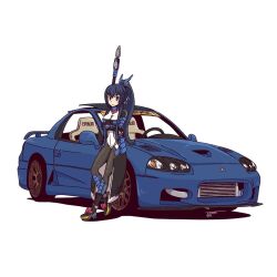 1girl armor black_pantyhose blue_hair car closed_mouth commentary crossed_arms dark_blue_hair english_commentary honda_futayo jestami kyoukaisenjou_no_horizon leaning_against_vehicle long_hair looking_at_viewer mitsubishi_gto mitsubishi_motors motor_vehicle pantyhose polearm ponytail signature simple_background solo sports_car tonbokiri_(horizon) vehicle_focus weapon