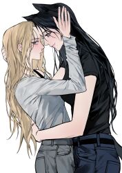 Rule 34 | 2girls, absurdres, aespa, animal ears, black eyes, black hair, black pants, black shirt, blonde hair, cat ears, dog tail, grey pants, grey shirt, hand on another&#039;s back, hand on another&#039;s head, highres, karina (aespa), lee q p, long sleeves, multiple girls, pants, real life, shirt, short sleeves, tail, winter (aespa), yuri