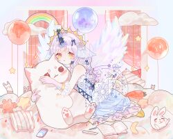 1girl :o animal-shaped_pillow animated animated_gif balloon blinking blue_bow blue_dress blue_horns blue_ribbon book bookmark bow braid butterfly_hair_ornament carrot cat-shaped_pillow cellphone chinese_commentary cloud commentary_request crescent cross-laced_clothes cross-laced_dress curtains diamond_hair_ornament dress dress_ribbon eyelashes feathered_wings flower frilled_dress frilled_gloves frills full_body gloves hair_bow hair_flower hair_ornament hair_over_shoulder heart_on_cheek horns hugging_object indoors long_hair looking_at_viewer looping_animation marking_on_cheek medium_dress mioda_xi multiple_hair_bows on_bed open_book original parted_bangs parted_lips pencil phone pillow pillow_hug pink_sky plant purple_flower purple_gloves purple_hair ribbon ruler sample_watermark single_braid single_horn sitting sky sleeveless sleeveless_dress smartphone solo sparkle star_(sky) star_(symbol) stuffed_animal stuffed_rabbit stuffed_star stuffed_toy sunset tiara vines watermark white_bow white_wings window wings yellow_eyes yellow_headwear
