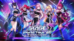 5girls arm_up artist_request black_hair boots double_bun gloves hair_bun hololive hololive_english hololive_indonesia irys_(hololive) irys_(irys_2.0)_(hololive) jacket kureiji_ollie long_hair low_wings momosuzu_nene mori_calliope multiple_girls nerissa_ravencroft official_alternate_costume official_art one_eye_closed pink_hair pleated_skirt red_hair skirt very_long_hair virtual_youtuber wings