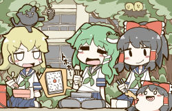 3girls :3 =_= ^_^ adomi alternate_costume animal animal_on_head bird black_hair blonde_hair blush cat cat_on_head chen chen_(cat) closed_eyes eating closed_eyes female_focus food frog green_hair hair_ornament hakurei_reimu heart kaenbyou_rin kaenbyou_rin_(cat) kirisame_marisa kochiya_sanae long_hair multiple_girls nest bento on_head open_mouth school school_uniform serafuku short_hair tears tempura touhou tree yukkuri_shiteitte_ne