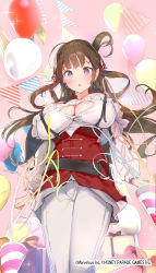 1girl arms_at_sides balloon breasts cleavage cleavage_window earrings highres huge_breasts jewelry mismatched_earrings official_art pants party party_popper senran_kagura senran_kagura_new_link surprised tight_clothes tight_pants toki_(senran_kagura) yaegashi_nan