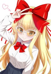 1girl beatmania_iidx bemani black_skirt blonde_hair blue_eyes bow bowtie breast_pocket breasts closed_mouth collared_shirt commentary_request glasses hair_bow heart highres himmel_(beatmania_iidx) large_bow large_breasts long_hair long_sleeves looking_at_viewer orange-tinted_eyewear pocket raimu_(clanberry000) red_bow red_bowtie school_uniform shirt shirt_tucked_in simple_background skirt smile solo tinted_eyewear v v_over_head white-framed_eyewear white_background white_shirt