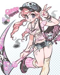 1girl bag baseball_cap hat kerberos_(kerbe_) original scythe short_shorts shorts torn_clothes torn_shorts v