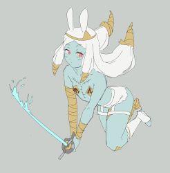 1girl animal_ears arched_back asymmetrical_legwear bandaged_arm bandaged_foot bandaged_knees bandaged_leg bandaged_wrist bandages bare_shoulders blue_skin borrowed_character closed_mouth collarbone colored_sclera colored_skin commentary dot_mouth dot_nose energy_sword english_commentary feet_up flat_chest floating floating_hair frilled_panties frilled_socks frills full_body furrowed_brow garter_straps gold_headband grey_background hair_tubes half-closed_eyes heterochromia highres holding holding_sword holding_weapon kneehighs leaning_forward legs_together light_blush long_eyelashes long_hair long_sidelocks looking_at_viewer looking_to_the_side looking_up low-tied_long_hair low-tied_sidelocks mismatched_legwear narrowed_eyes no_shoes original outstretched_arms own_hands_together panties parted_bangs pasties pink_eyes pink_sclera rabbit_ears red_eyes saber_(weapon) sidelocks simple_background sketch socks solo stitched_chest stitched_torso stitches sword thick_eyelashes thighs toeless_legwear topless_female two-handed_sword underwear v-shaped_eyebrows v_arms vertigris weapon white_garter_straps white_hair white_panties white_socks wide_hips yellow_pasties yellow_sclera zombie