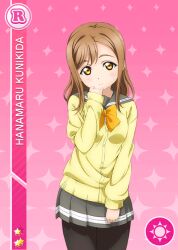 Rule 34 | 1girl, anime coloring, black pantyhose, blush, bow, bowtie, brown hair, card (medium), cardigan, clenched hands, closed mouth, cowboy shot, diamond (shape), grey sailor collar, grey skirt, hand on own chin, hand up, kunikida hanamaru, long hair, long sleeves, looking at viewer, love live!, love live! school idol festival, love live! sunshine!!, miniskirt, official art, pantyhose, pink background, pleated skirt, sailor collar, school uniform, serafuku, skirt, smile, solo, standing, star (symbol), uranohoshi school uniform, winter uniform, yellow bow, yellow bowtie, yellow cardigan, yellow eyes