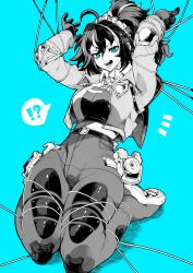 !? 1girl absurdres aqua_background aqua_eyes arms_up breasts checkered_necktie commentary_request gloves greyscale_with_colored_background hairband high-waist_pants highres holster large_breasts metal_hairband multicolored_hair necktie open_mouth pants police police_uniform policewoman ponytail restrained seiza shoulder_holster sitting solo spoken_interrobang streaked_hair tight_clothes tight_pants yotsumi_shiro zenless_zone_zero zhu_yuan