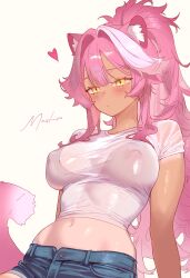 1girl absurdres alternate_skin_color animal_ears bikini bikini_under_clothes black_bikini blue_shorts blush breasts closed_mouth commentary covered_erect_nipples denim denim_shorts english_commentary hair_intakes heart high_ponytail highres hololive hololive_english large_breasts long_hair mashiro_www midriff multicolored_hair navel panther_ears panther_girl panther_tail pink_hair pink_lips ponytail raora_panthera shirt short_sleeves shorts signature simple_background solo stomach streaked_hair swimsuit tail tan thighs virtual_youtuber white_background white_shirt yellow_eyes