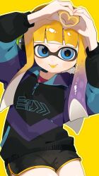 1girl :q black_shorts blonde_hair blue_eyes commentary_request dolphin_shorts gradient_hair heart heart_hands heart_in_heart_hands highres inkling inkling_girl inkling_player_character long_hair looking_at_viewer multicolored_hair nintendo outline purple_hair sabata_saba shorts solo splatoon_(series) splatoon_3 tentacle_hair tongue tongue_out two-tone_hair yellow_outline