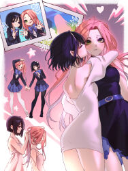 &gt;_&lt; 2girls alien_stage belt black_dress black_hair black_jacket black_pantyhose black_shoes blue_belt blue_bow blue_bowtie blue_eyes blue_hair blue_skirt bob_cut bow bowtie closed_eyes closed_mouth commentary dress gradient_hair green_eyes half-heart_hands heart highres jacket kiss kissing_cheek lightning_bolt_symbol long_hair mizi_(alien_stage) multicolored_hair multiple_girls multiple_views off-shoulder_dress off_shoulder one_eye_closed open_mouth pantyhose photo_(object) pink_hair plaid_clothes plaid_skirt rawder shoes short_hair skirt smile star_(symbol) sua_(alien_stage) twintails two-tone_hair very_long_hair w white_dress white_pantyhose white_shoes