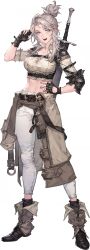 Rule 34 | 1girl, absurdres, ankle boots, armor, bandage on face, bandages, boots, clothes around waist, collared shirt, crop top, fingerless gloves, gloves, grey eyes, hand on own hip, highres, jacket, jacket around waist, messy hair, midriff, non-web source, official art, open mouth, pants, pauldrons, ponytail, rawiyah (nostalgia) (sword of convallaria), salute, shirt, shoulder armor, solo, sword, sword of convallaria, sword on back, two-finger salute, weapon, weapon on back, white hair, white pants