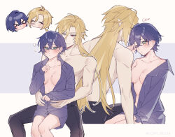 Rule 34 | &gt; &lt;, 1boy, 1girl, absurdres, belle (zenless zone zero), black pajamas, black pants, blonde hair, blue hair, blush, breasts, brown eyes, ccxvi 201116, closed eyes, hair between eyes, heterochromia, highres, hugo vlad, long hair, long sleeves, medium breasts, multiple views, one eye closed, open clothes, open shirt, pajamas, pants, pointy ears, red eyes, scar, scar on chest, short hair, topless male, zenless zone zero