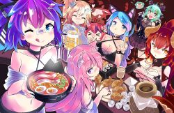 &gt;_&lt; 6+girls ;p ^_^ ^o^ absurdres ahoge alcohol animal_ears apricot_the_lich apricot_the_lich_(1st_costume) bacon bandaid bandaid_on_face bandaid_on_nose bare_shoulders beer beer_mug black_gloves blonde_hair blue_eyes blue_hair blue_nails blush bowl bracelet breasts bridal_gauntlets buckle cat_ears cat_girl choker choko_(cup) cleavage closed_eyes collarbone commentary commission crop_top cross-laced_clothes cross-laced_top cup demon_girl demon_horns detached_collar dragon_girl dragon_horns dragon_tail eating egg_(food) english_commentary everyone fang food food_in_mouth gloves gradient_hair green_hair hair_between_eyes hair_ornament hand_on_another&#039;s_head hardboiled_egg headphones heart heart_ahoge heart_choker heart_hair_ornament highres hime_hajime hime_hajime_(1st_costume) holding holding_bowl holding_cup holding_food horns indie_virtual_youtuber ironmouse jewelry jitome jug_(bottle) large_breasts long_hair looking_at_viewer looking_back medium_breasts medium_hair melody_(projektmelody) miniskirt mug multicolored_hair multiple_girls nail_polish navel noodles nori_(seaweed) nyatasha_nyanners nyatasha_nyanners_(1st_costume) off-shoulder_shirt off_shoulder one_eye_closed orange_eyes phibonnachee pink_hair plate ponytail pout power_symbol purple_eyes purple_hair purple_horns purple_nails ramen red_hair ring saucer screw_hair_ornament see-through_clothes shirt side_ponytail sidelocks signature silvervale silvervale_(1st_costume) sitting skin_fang skirt smile spiked_bracelet spikes standing sushi table tail taiyaki teabag teacup thigh_strap tiara tongue tongue_out turtleneck two-tone_hair virtual_youtuber vshojo wagashi zentreya zentreya_(dragon)