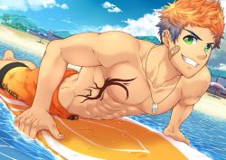 Rule 34 | 1boy, abs, arm support, bandaid, bandaid on cheek, bandaid on face, bara, beach, black hair, chest tattoo, cloud, day, ear piercing, foot out of frame, green eyes, grin, jewelry, large pectorals, lifeguard, looking at viewer, lying, male focus, male swimwear, male swimwear writing, multicolored hair, muscular, muscular male, navel, necklace, nipples, on stomach, orange hair, orange male swimwear, orange swim trunks, original, outdoors, pectorals, piercing, short hair, sky, smile, solo, summer, surfboard, surfing, swim trunks, swim trunks writing, swimsuit, swimsuit writing, tattoo, teeth, two-tone hair, zamius