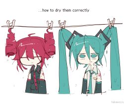 2girls :| aqua_eyes aqua_hair aqua_necktie artist_name black_sleeves blue_eyes blue_hair closed_eyes closed_mouth cropped_torso detached_sleeves drill_hair dripping drying english_text grey_shirt hair_between_eyes hanging hatsune_miku highres kasane_teto long_hair multiple_girls necktie number_tattoo red_hair shirt simple_background takawoyu tattoo twin_drills twintails upper_body utau vocaloid water_drop wet wet_clothes wet_hair white_background