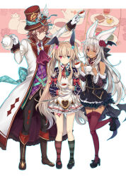 1boy 2girls absurdres animal_ears aqua_belt aqua_eyes ascot asymmetrical_legwear bare_shoulders black_corset black_dress black_pants black_shoes blonde_hair blue_shirt boots breasts brown_boots brown_hair chaos_alice_(grimms_notes) chaos_alice_(original)_(grimms_notes) closed_mouth clothing_cutout coat corset cup dark-skinned_female dark_skin dress flower full_body gloves green_socks grimms_notes grin hair_flower hair_ornament heart_cutout heterochromia highres holding holding_cup horizontal-striped_socks light_blush long_hair mad_hatter_(grimms_notes) mad_hatter_(kagami_no_kuni)_(grimms_notes) march_hare_(grimms_notes) march_hare_(kagami_no_kuni)_(grimms_notes) medium_breasts mismatched_legwear multiple_girls one_eye_closed pants pink_eyes rabbit_ears rabbit_girl red_ascot red_flower red_rose red_socks red_thighhighs retsuto rose shirt shoes smile socks standing standing_on_one_leg striped_clothes striped_shirt sweatdrop tea teacup teeth thighhighs twintails white_background white_coat white_dress white_gloves white_hair