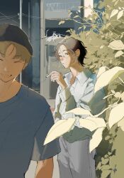 Rule 34 | 2boys, amo (amo 0514), beanie, black hat, blue shirt, brown eyes, brown hair, building, bush, chinese commentary, cigarette, closed eyes, closed mouth, collarbone, collared shirt, commentary request, day, glasses, green shirt, hand up, hat, head tilt, highres, holding, holding cigarette, long sleeves, looking at another, looking to the side, male focus, multiple boys, open collar, open mouth, original, outdoors, pants, parted bangs, power lines, shirt, short hair, short sleeves, sideways glance, smile, smoke, smoking, standing, sunlight, t-shirt, utility pole, white pants