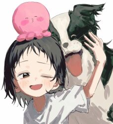 1girl 333takoyaki ^_^ absurdres animal black_eyes black_hair blush border_collie chappy_(takopii_no_genzai) closed_eyes commentary_request dog highres kuze_shizuka medium_hair one_eye_closed open_mouth shirt short_sleeves simple_background takopii takopii_no_genzai tongue upper_body white_background white_shirt