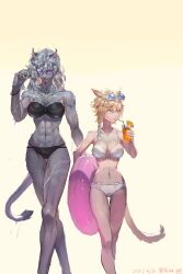 2girls abs absurdres animal_ears bikini black_bikini blonde_hair breasts cat_girl cleavage cropped_legs dated final_fantasy final_fantasy_xiv furry furry_female grey_fur highres hrothgar jewelry lion_ears lion_girl lion_tail miqo&#039;te multiple_girls muscular muscular_female necklace shina_ppp strapless strapless_bikini striped_fur swim_ring swimsuit tail thigh_gap twitter_username warrior_of_light_(ff14) white_bikini