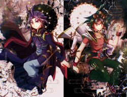 2boys coat collarbone goggles goggles_on_head green_hair jacket jacket_on_shoulders jewelry joeri_(yu-gi-oh!) kototourara male_focus medium_hair multicolored_hair multiple_boys orange_shirt pendant purple_coat purple_eyes purple_hair purple_jacket red_eyes red_hair sakaki_yuya shirt two-tone_hair white_jacket yu-gi-oh! yu-gi-oh!_arc-v