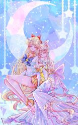 Rule 34 | 2girls, absurdly long hair, aino minako, back bow, backless dress, backless outfit, bare arms, bare legs, bare shoulders, bishoujo senshi sailor moon, blonde hair, blue background, blue bow, blue bowtie, bow, bowtie, brooch, choker, circlet, closed eyes, closed mouth, collarbone, commentary request, constellation, crescent moon, double bun, dress, elbow gloves, english text, eyelashes, full body, gloves, hair bow, hair bun, hair spread out, hands on another&#039;s shoulder, happy, head on another&#039;s shoulder, high heels, highres, jewelry, leaning on person, leotard, light blush, light particles, long dress, long hair, magical girl, miniskirt, moon, multiple girls, orange choker, orange sailor collar, orange shoes, orange skirt, parted bangs, pleated dress, pleated skirt, princess serenity, puffy short sleeves, puffy sleeves, pumps, punano, red bow, sailor collar, sailor senshi uniform, sailor venus, shoes, short sleeves, sitting, skirt, sleeping, smile, star (symbol), tsukino usagi, twintails, twitter username, very long hair, watermark, white bow, white dress, white gloves, white leotard, yellow bow, yellow brooch, yokozuwari, yuri
