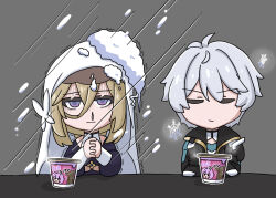 1boy 1girl aponia black_gloves black_jacket brown_hair chibi closed_eyes closed_mouth cold commentary_request gloves grey_background grey_hair hair_between_eyes highres honkai_(series) honkai_impact_3rd instant_ramen interlocked_fingers jacket kevin_kaslana long_sleeves looking_at_viewer mokkyo_(motkyo) own_hands_clasped own_hands_together puffy_long_sleeves puffy_sleeves purple_eyes simple_background snow snowflakes trembling turn_pale upper_body v-shaped_eyebrows veil