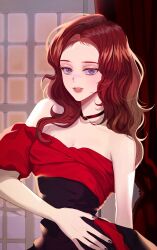 1girl aespa bare_shoulders black_nails brown_hair commentary cowboy_shot dress eyelashes highres indoors jewelry k-pop long_hair looking_at_viewer nageutxx necklace parted_lips real_life red_dress solo wavy_hair winter_(aespa)