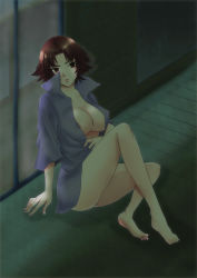 Rule 34 | 1girl, barefoot, breasts, brown eyes, brown hair, dress shirt, feet, female focus, full body, highres, indoors, large breasts, nipples, no pants, open clothes, open shirt, see-through clothes, sengoku musou, sengoku musou 2, shirt, short hair, sitting, solo, tachibana ginchiyo, tukibou