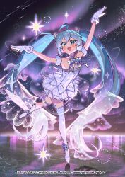 1girl ahoge aqua_eyes aqua_hair armpits arms_up aurora ballerina ballet ballet_dress ballet_slippers blush breasts dress frilled_dress frills gloves hair_between_eyes hair_ornament hatsune_miku highres long_hair medium_breasts miku_symphony_(vocaloid) official_alternate_costume official_alternate_hairstyle open_mouth smile solo standing standing_on_one_leg strapless strapless_dress thighhighs twintails very_long_hair vocaloid white_gloves white_thighhighs yooki_(winter_cakes)