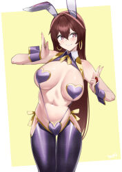 1girl absurdres animal_ears breasts brown_hair crotchless crotchless_pantyhose earrings fake_animal_ears fate/grand_order fate_(series) gold_trim grin hair_between_eyes heart_pasties highres hoop_earrings jewelry kurozawa_yui large_breasts long_hair looking_at_viewer maebari meme_attire navel pantyhose pasties purple_eyes purple_pantyhose rabbit_ears revealing_clothes reverse_bunnysuit reverse_outfit smile solo thighs wrist_cuffs xuangzang_sanzang_(fate)