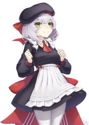 1girl ascot beret black_hat braid braided_bangs breasts closed_mouth cowboy_shot genshin_impact green_eyes hands_up hat highres kfc looking_at_viewer medium_breasts noelle_(genshin_impact) noelle_(kfc)_(genshin_impact) pantyhose red_ascot short_hair silver_hair simple_background smile solo white_background white_pantyhose yuki7128